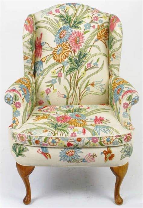 floral metallic brocade fabric on a wingback chair photo|Floral wingback chair .